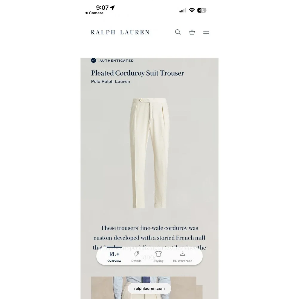 Polo Ralph Lauren Mens Cream Corduroy Pleated Pants 35x30 Straight Leg‎ Portugal